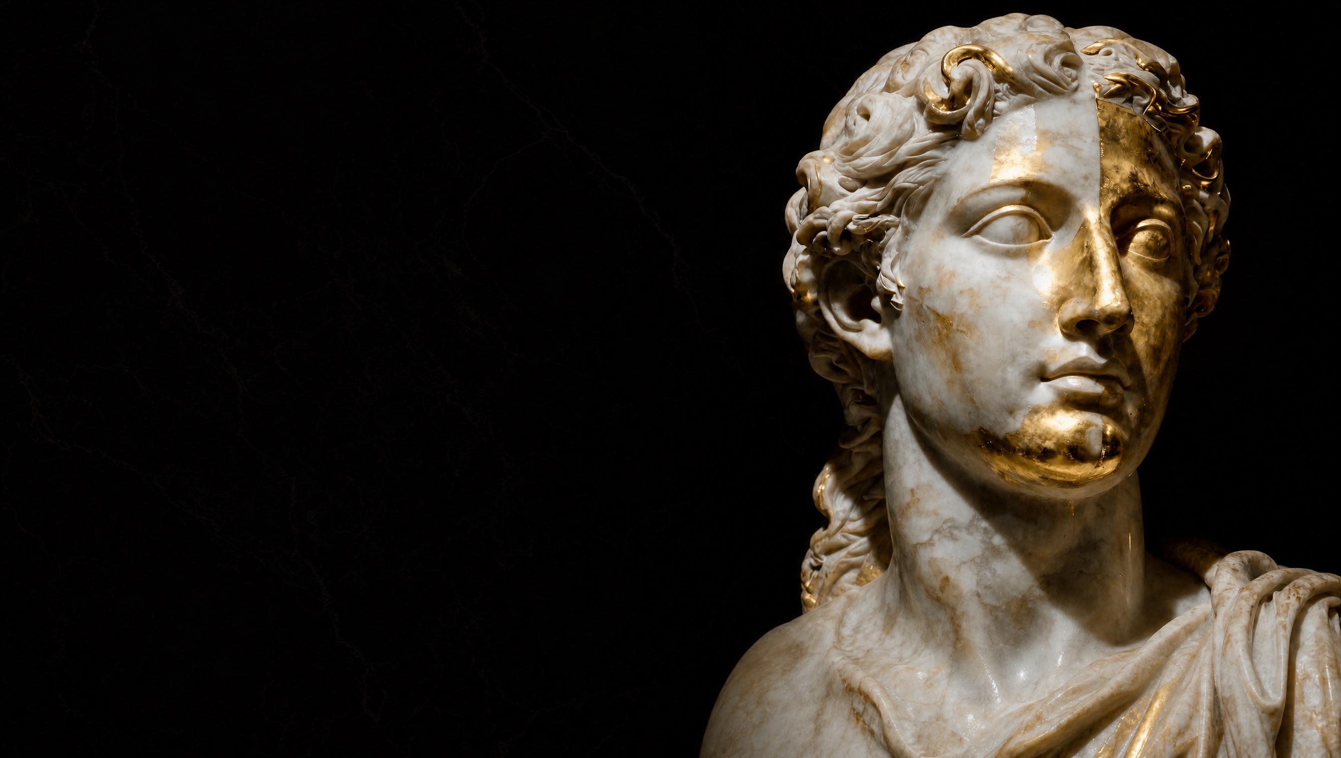 A half-gilded bust in the dark: the Midas touch, mid-transformation.