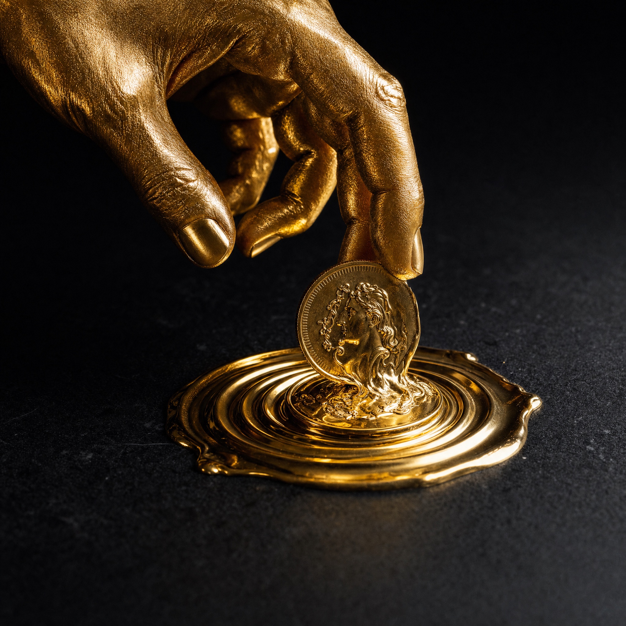 A golden hand touching a coin, the metal spreading from the point of contact.