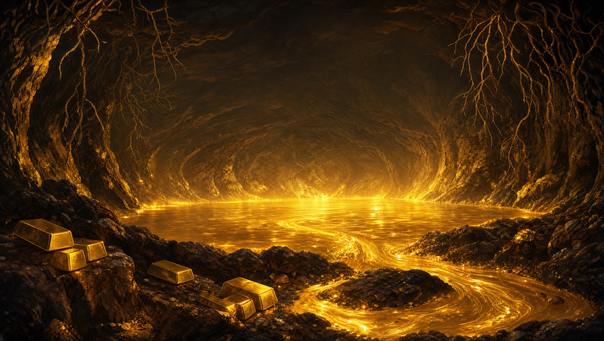 A deep golden cavern: a molten-gold river pooling into a radiant lake, ingots on the shore, roots reaching down from above.